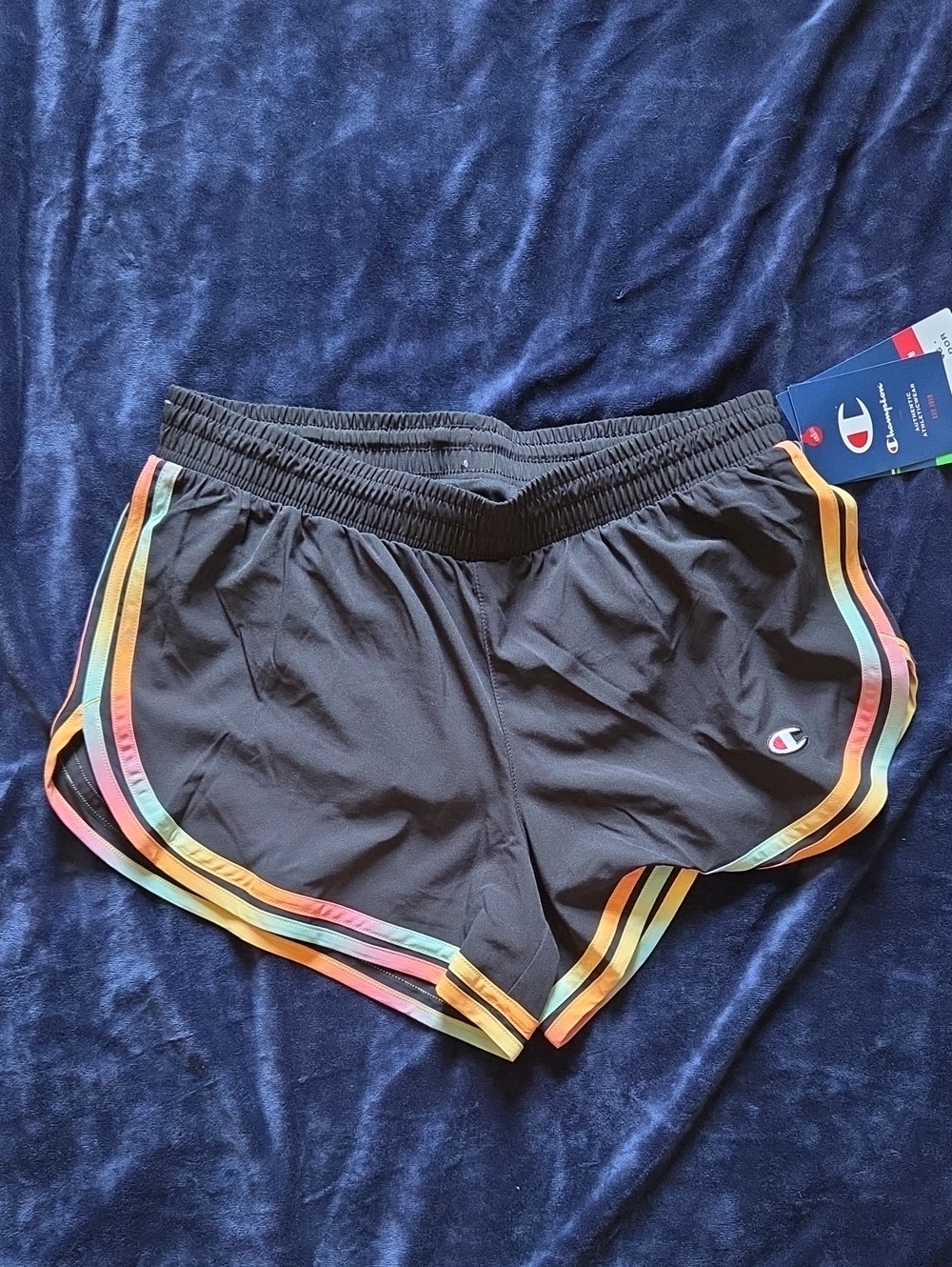 Champion Women’s Black Athletic Shorts with Rainbow Side Stripes